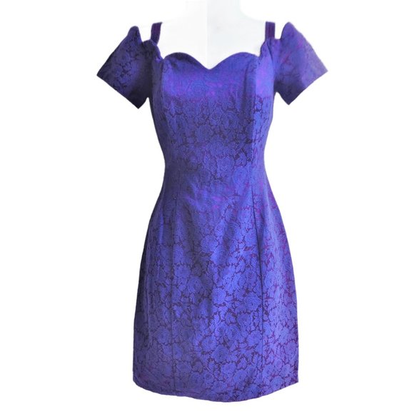 Vintage Dresses & Skirts - Vintage Brocade Dress All That Jazz Purple Floral Scallop Neck Talon Zip Back S